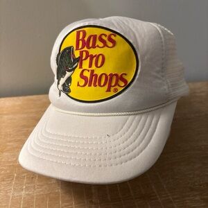 Vintage 80s Bass Pro Shops Snapback Hat White Embroidered Logo Patch Trucker Cap
